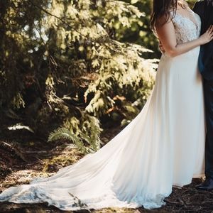 *Dry Cleaned* Chiffon A-Line Dress, Plunging Illusion Neckline- Lillian West